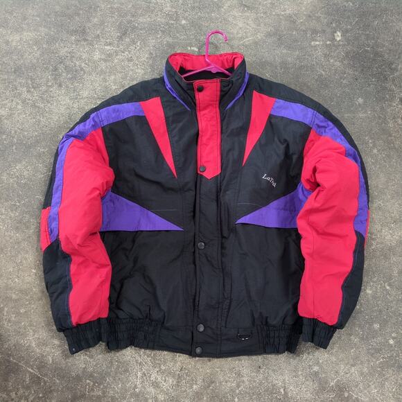 Vintage LaTrek Windbreaker Jacket Mens M Black Purple Puffer Sport Full Zip - Picture 1 of 10